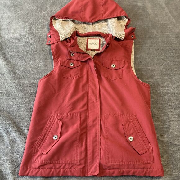Sonoma  Faux Fur Lined Hoodie Vest Zip & Button Red, Women's Sz S Fall Outdoors - Picture 1 of 10